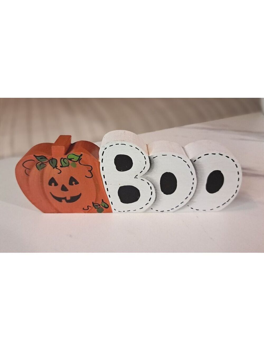 Vintage Hand-Painted Wooden Boo Halloween Pumpkin Shelf or Mantle Sign 6.25"